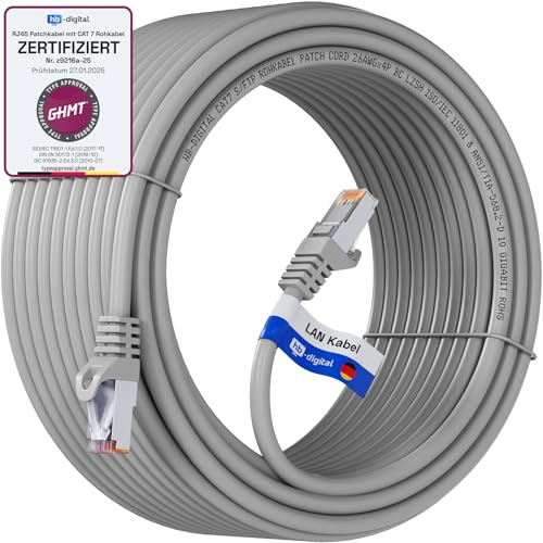 HB-DIGITAL 20m CAT 7 Cable Ethernet LAN S/FTP PiMF LSZH AWG26 Cable de Red con CAT 6A RJ45 Conectores hasta 10 Gbits/600 MHz Ideal para Patchpanel Servidor PC Laptop Smart TV DSL Gris