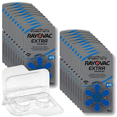 120x Rayovac Extra Advanced 675 Hörgerätebatterien 20x6er Blister PR44 Blau 24600 + Aufbewahrungsbox für 2 Hörgerätebatterien (10, 13, 312, 675), Batteriebox für 2 Knopfzellen bis 12 mm x 6 mm (Ø x H)