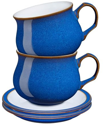 Denby - Imperial Blue Tea Cup and Saucer Set of 2 - 200ml Stoneware Ceramic Coffee Mug and Saucer Set - Tea Party Set - Dishwasher Safe, Microwave Safe - Royal Blue, White - Chip Resistant