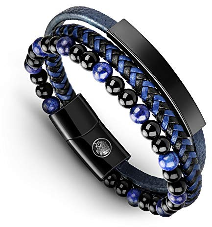 Casisto.J Läderarmband för män - klassiskt handgjort flätat armband i svart och brunt med magnetlås graverade smycken gratis i låda, One Size, Rostfritt stål