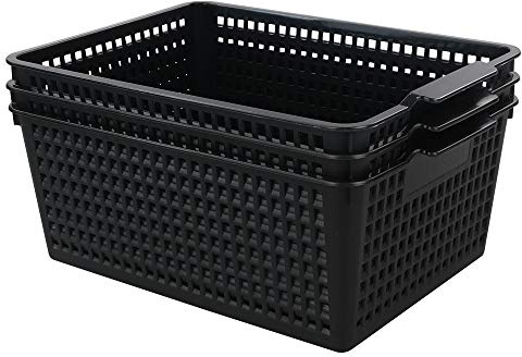 Yarebest Large Plastic Storage Basket Box, Cupboard Storage Baskets, 3-Pack (Black)
