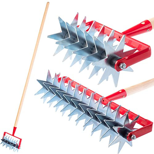 KADAX Sternfräse, Gartenfräse aus Metall, Krümler zum Lockern des Bodens, Kultivator für Garten, Rasen, Unkraut, Rollhacke, Bodenkrümler, Rollkultivator, Bodenlüfter (mit 6 Sternen, Holzstiel)