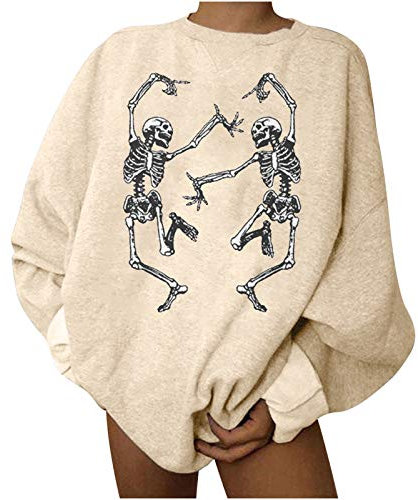 Xniral Halloween Pullover Skelett Tanzen Langarm Sweatshirt Damen Lose Rundhals Tops Bluse Herbst Winter Streetwear Oberteile(Khaki,L)