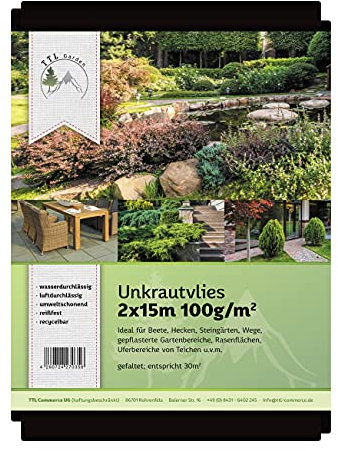 TTL Garden 30m² Unkrautvlies mit 100g/m² - 2m x 15m Gartenvlies wasserdurchlässig reißfest UV-stabil & atmungsaktiv - Mulchvlies Vlies Folie gegen Unkraut - schwarz