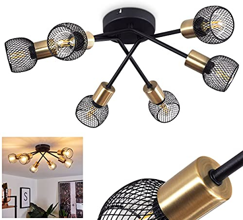 HOFSTEIN Deckenleuchte Cairns, Deckenlampe aus Metall in Schwarz/Goldfarben, moderne Leuchte im Retro/Vintage-Design, Lichteffekt durch Gitter-Optik, 6xE14, Wohnzimmer, Esszimmer, Schlafzimmer