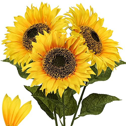 Girasoles artificiales grandes de 8 pulgadas, flor completa, tallo largo, girasol artificial de 33 pulgadas de alto, girasoles gigantes de seda con tallo, arreglo floral para decoración del hogar y