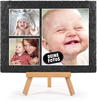 Print Royal Schieferplatte selbst gestalten - Foto-Collage mit 3 Fotos bedrucken - Geschenk für Freunde, Familie I Personalisiertes Foto-Geschenk - Schiefertafel mit Staffelei, 15 x 20 cm