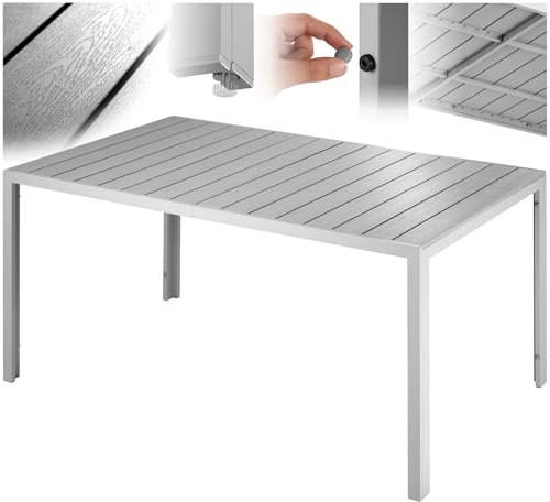 tectake® Tavolo da Giardino Rettangolare, Telaio in Alluminio Inossidabile, Piano con Listelli Effetto Legno, Piedi Regolabili in Altezza, Design Moderno, 150x90x74,5 cm - Grigio/Argento