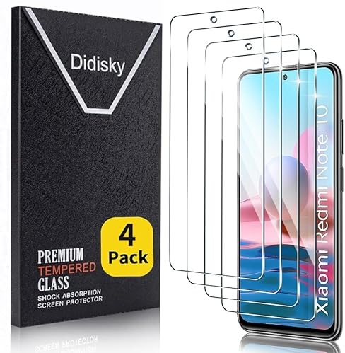 Didisky 4-Unidades Cristal Templado Protector de Pantalla para Xiaomi Redmi Note 10 4G / Note 10S / Poco M5s, Antihuellas, Sin Burbujas, Fácil de Limpiar, 9H Dureza,Transparente