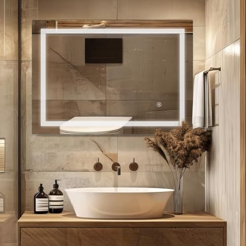 SaniteModar Badrumsspegel med belysning 60 x 80 cm – dimbar badrumsspegel med belysning, LED-väggspegel IP44 vattentät, vertikal/horisontell monterbar, kopparfri