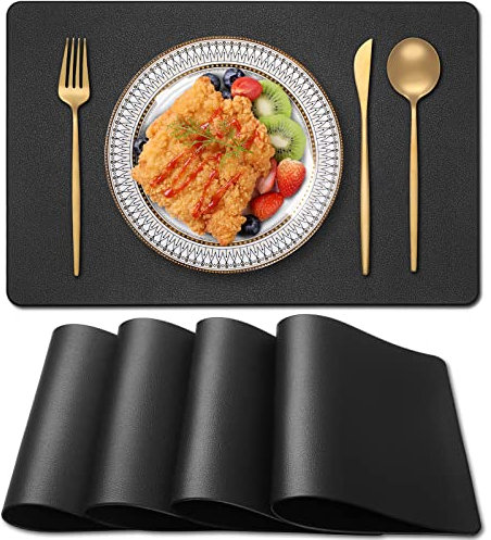 Blibalaskr PVC Heat Resistant Placemats Set of 4,Waterproof Wipeable Floor Place Mats,Non-Slip Easy Clean Table Mats for Kitchen Table Decor,12×18 Inch(Black)