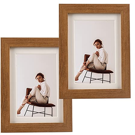 Belegao Bilderrahmen 10x15 cm 2er Set Fotorahmen Vintage mit Passepartout MDF Bruchsicherem Acrylglas Freistehende für Wand Tischrahmen, Geschenk, Dekoration - Braune Holzfarbe