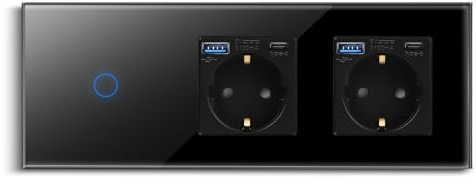 CNBINGO 1-Fach Lichtschalter mit USB Schnellladen Doppelsteckdose, Schwarz | Glas Touch Wandschalter und Schuko Steckdose, 20W USB Schnellladen Wandsteckdose Unterputz, Einfach Schalter mit Status-LED