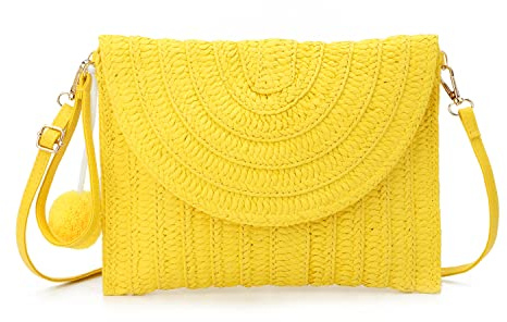 Syrads Bolso de mano de paja de noche para mujer Bolso de playa de verano Bolso de sobre tejido de paja,Amarillo C