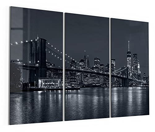DEQORI Glasbilder Acrylglas | Motiv Manhattan Bridge nachts | horizontal 3-teilig 150x100 cm | große XXL Deko | Wandbilder für Wohnzimmer, Schlafzimmer, Flur & Küche | moderne Wanddeko