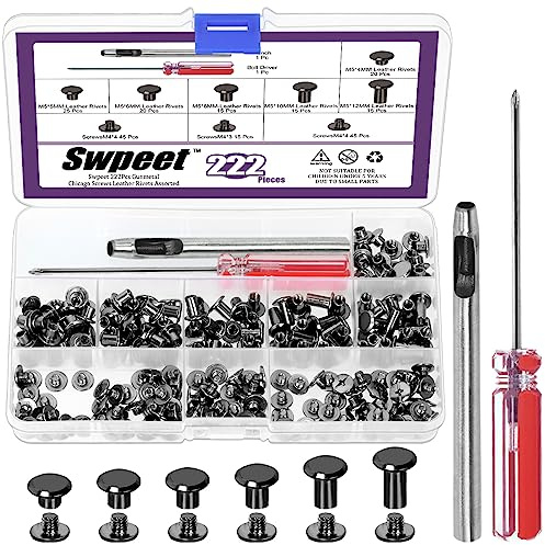 Swpeet Juego de 110 remaches de cuero de color pistola, tornillos de encuadernación Chicago con kit surtido de herramientas de instalación, remaches de tornillo M5 Chicago para reparación de cuero