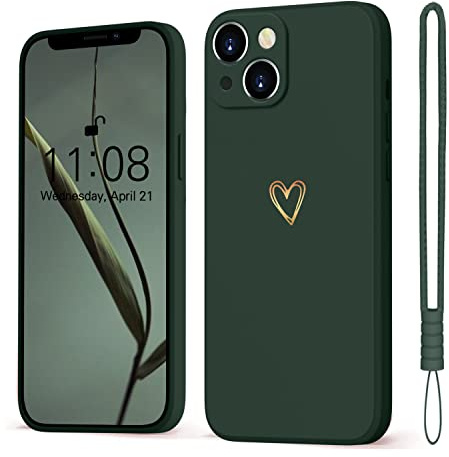Mitetabo für iPhone 14 Hülle,Handyhülle iPhone 14 Gold Liebesherz, Mädchen Case Weich Silikon Slim Stoßfest Kratzfeste Süßes Gold Love Schutzhülle für iPhone 14 6.1 Dunkel grün