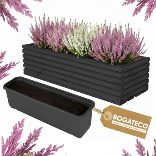 BOGATECO Blumenkasten aus Holz | Pflanzkasten | Blumentopf 44 x 20 x 14,5cm | Kräutertopf für zu Hause Garten Balkon Terrasse | Topf mit Kunststoffeinsatz | Imprägniert | Schwarz
