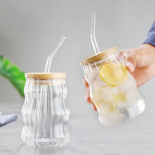 LORESJOY Juego de 2 Vasos de Cóctel Acanalados, 500ML Con Tapa y Pajita Reutilizable - Para Café Helado, Jugo, Bebidas Largas en Vidrio