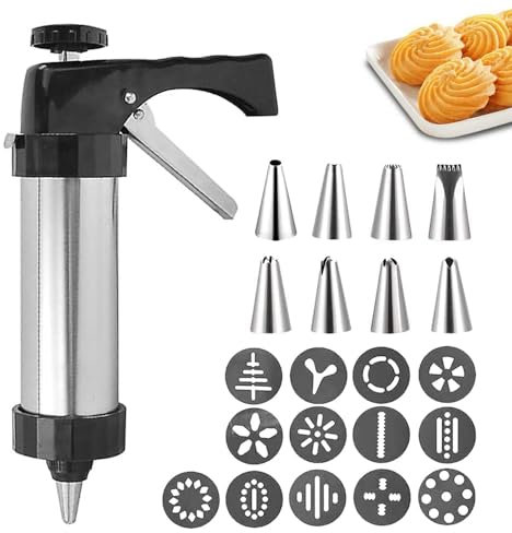 ROSSOM Gebäckspritze Edelstahl, Plätzchenpresse Kekspresse Garnierspritze Set, Gebäckpresse mit 13 Schablonen und 8 Tüllen, DIY Spritzgebäck Presse für Kuchen Kekse