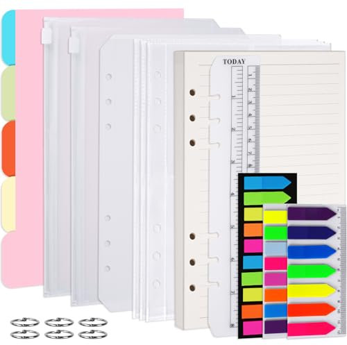 Vicloon A5 Nachfüllbare Notizpapier Set, 115pcs 6 Löcher Ringbuch Nachfüllbar A5 Nachfüllpapier Liniert, Loseblatt Papier Set mit Trennblätter, Haftnotizen Bunt, Umschlägbeutel, Lineal, Metallringe
