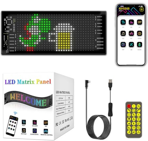 YEKUYEKU Flexibler LED Anzeigetafel, USB RGB LED Scrolling Display Programmierbar, Bluetooth Control Text Muster Graffiti Animation Schild, für Car, Shop, Bar, Party, Werbetafel(7 * 17cm)