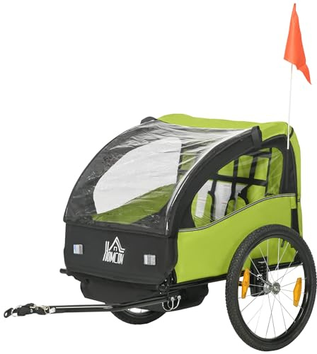 HOMCOM Remolque de Bicicleta para Niños +18 Meses Cochecito para Transporte de 2 Plazas con Cinturón de Seguridad Espacio de Almacenamiento y Sistema de Amortiguador 140x88x90 cm Verde