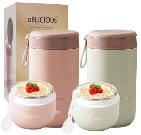 Chedin Müslibecher To Go mit Deckel, Edelstahl Porridge Becher 730ml Auslaufsicher joghurtbecher to go mit löffel und Deckel,Doppelschicht Auslaufsicherer Einmachgläser perfekt für Arbeit (Rosa+Grön)
