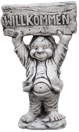 gartendekoparadies.de Gnom,Willkommen'', Steinfigur Wichtel, H. 52 cm, 14 kg, Grau, frostsicher aus Steinguss für Außenbereich