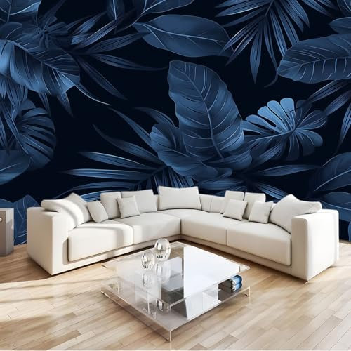 Papier Peint Panoramique Feuillage Tropical Bleu Foncé 250x175 cm Poster Geant Mural, pour Salon Chambre Chambre D'enfants Restaurant Décoration Murale