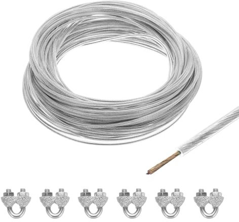 Sourcing Map 2.5mm (3/32 inch) Clear Vinyl Coated Galvanized Steel Wire Rope, 30m /98ft with 6PCS M3 Loop Sleeves for String Light Hanging, Deck Railing, Garden Wire