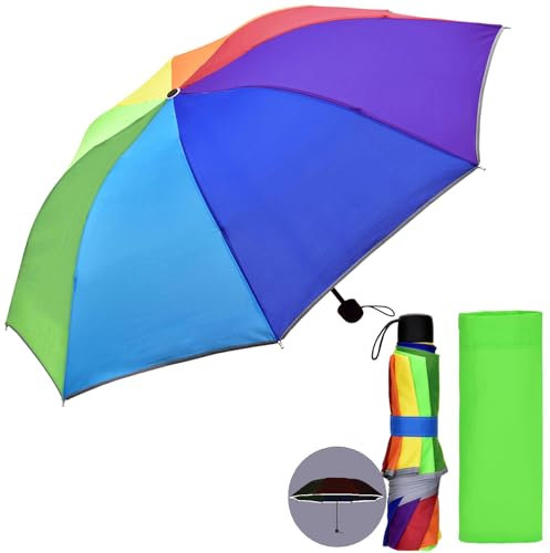 Willingood Kinder Regenschirm, Regenbogen Kinderschirm, Reflektierenden Streifen | 250g Leicht | 94cm | ‌210T Pongé Wasserdichtes, Kleine Taschenschirme