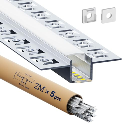 GEEKLUX LED Aluminium Profil Trockenbau für Led Streifen 2 m x 5 Stück 10 m Größe 55,5 mm x 14,9 mm,Led Schiene Aluprofil und led Diffusor für Perfektes Licht, mit Endkappen und Montageclips