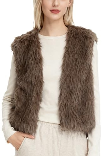 Amazhiyu Gilet in pelliccia sintetica da donna, per autunno e inverno, senza maniche, in pelliccia sintetica, cachi, M