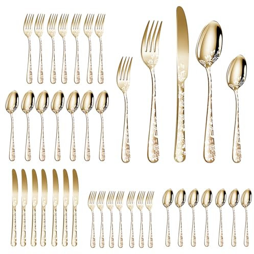 Juego de Utensilios de Cocina, Juego de Cubiertos de 40 Piezas, Juego de Cubiertos, Cucharas y Tenedores, Juego de Cubiertos, para el Hogar, Cocina, Restaurante, Hotel (Gold)