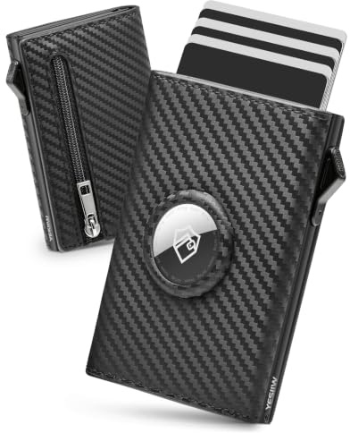 YESIIW Geldbeutel Airtag | Pop up Kartenetui für 11 Karten, 1 Ausweis & 12 Papiergeld | Apple Airtag 2 Generation & 1 | Portmonee Herren mit RFID | Men's Wallet with Air Tag mit Münzfach (Carbon)