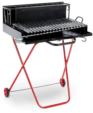 Barbecue a Legna Portatile con Griglia in Acciaio Inox, Ripiano Recupera Grassi, Pieghevole con Ruote, Made in Italy, Con tira braci e bicchiere raccogli olio OMAGGIO (Extra Large)