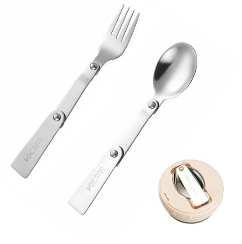 2 Pcs 304 Stainless Steel Folding Spoon and Fork Set,Compact Portable Folding Fork and Spoon,Metal Foldable,Foldable Travel Utensils,Extendable and Set,for Picnic Camping