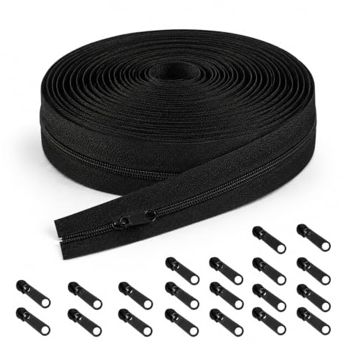 Black Zips for Sewing, 10 Meter/10.9 Yards Black Metal Coil Zipper by The Yards, Heavy Duty Long Replacement Endless Sewing Zippers for Repair DIY Cushions Bags, with 20 Pcs Pulls Sliders