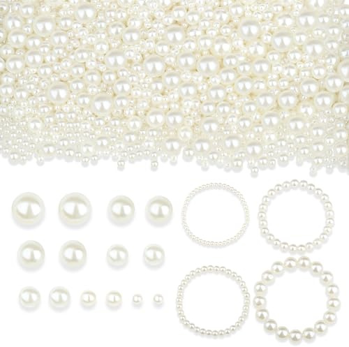 QINJIEJIE 1500 Stück Perlen Weiß, 5 Verschiedene Größen Weiße Bastelperlen zum Auffädeln, Runde Perlen Lose Beads für Jewellery Making DIY Schmuckherstellung, Armbänder, Halsketten und Vasenfüller