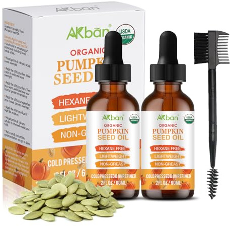 AKBAN Pumpkin Seed Oil for Hair Growth, 100% Pure Organic Natural Cold Pressed, Moisturizing & Nourishing Dry Damaged Hair & Scalp, for Skin Care, Hair Care, Body Massage etc, 2 fl oz + 2 fl oz