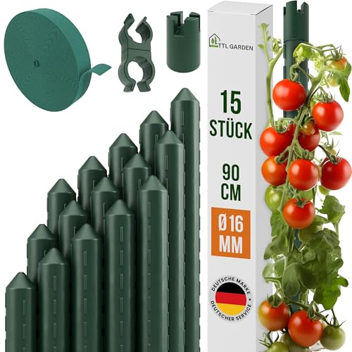 TTL GARDEN Rankstäbe 15er Set 90cm x 16mm Ø grün - extra stabil & rostfrei | 16mm Rankhilfe Pflanzstäbe + Klettband + Clips Stahl kunststoffbeschichtet Pflanzenstütze Blumenstütze Tomaten Paprika Blumen