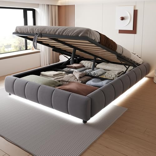 Dolamaní Doppelbett Polsterbett 140x200 cm mit Bettkasten ohne Kopfteil, Bett Hydraulischer Schwebebettrahmen mit Stauraum, Samtstoff, Tragfähigkeit 150 kg (Grau B)