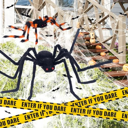 Large Halloween Decorations Outdoor Garden Indoor with 2 Giant Spider 50/30, Spider Web, 20 Small Fake Spiders and Cobweb, Bats, Caution Tape Scary Halloween Party Decorations Home Decor Props