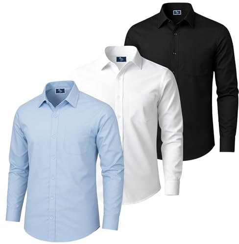 3 Pack Men’s Button Down Dress Shirt Long Sleeve Regular Fit Shirt with Pocket, Breathable Lightweight Fabric, Business, Workwear, Casualwear (UK, Alpha, L, Regular, Regular, Black-White-SkyBlue)