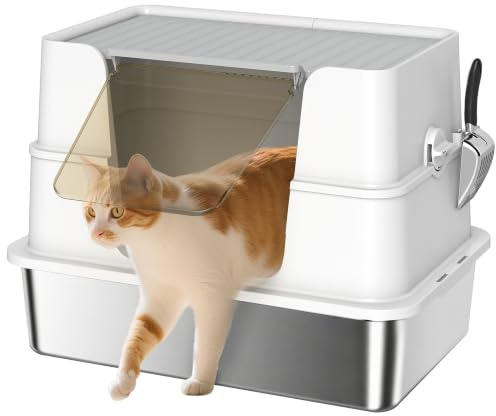 PawHut Katzenklo Edelstahl XL 60,2 x 40,2 x 44,5 cm mit Deckel Hellgrau | Katzentoilette, Schaufel Pedal, Leicht zu Reinigen, Geruchsresistent, für Große Katzen bis zu 15 kg
