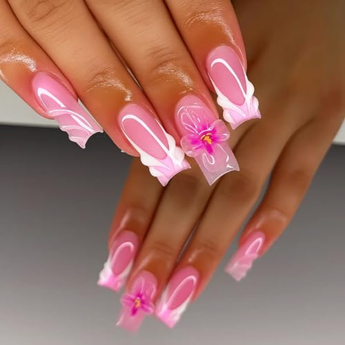 Pink Orchid Wave Press On Nails - Long Square Shape with 3D Pink Flower Design - 24PCS Glossy French Tip False Nails for Women Full Cover for Daily or Special Occasions