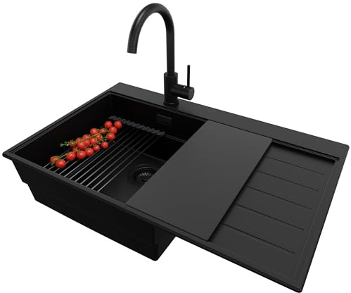 PRIMAGRAN Lavandino da Cucina al Mobile 50cm + Rubinetto, 78x50cm | Set: Rubinetto BW5010 + Kit di scarico + Lavello in Granito a 1 Vasca - Sydney Ergo, Tutto Nero