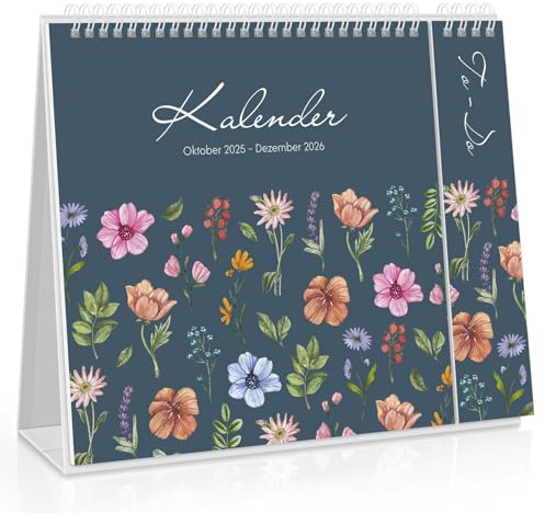 SKYDUE Tischkalender 2026, Kalender Von Nov. 25 Bis Dez. 26, Stehkalender 2026 Zum Aufstellen, Monatskalender Mit Monatsansicht Abreißbarer Liste,27x23x7.8cm, Kalender Schuljahr (Blümchen Blau)