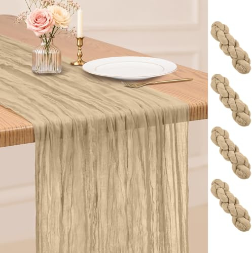 4 Stück Tischläufer Beige, 45 x 275 cm Käsetuch Tischläufer, Boho-Gaze-Tischläufer für den Esstisch, rustikale, durchsichtige Stoff-Tischläufer für Hochzeit, Party, Brautparty, Frühling